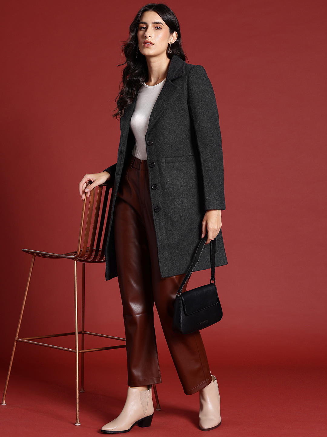 

all about you Notched Lapel Longline Overcoat, Charcoal
