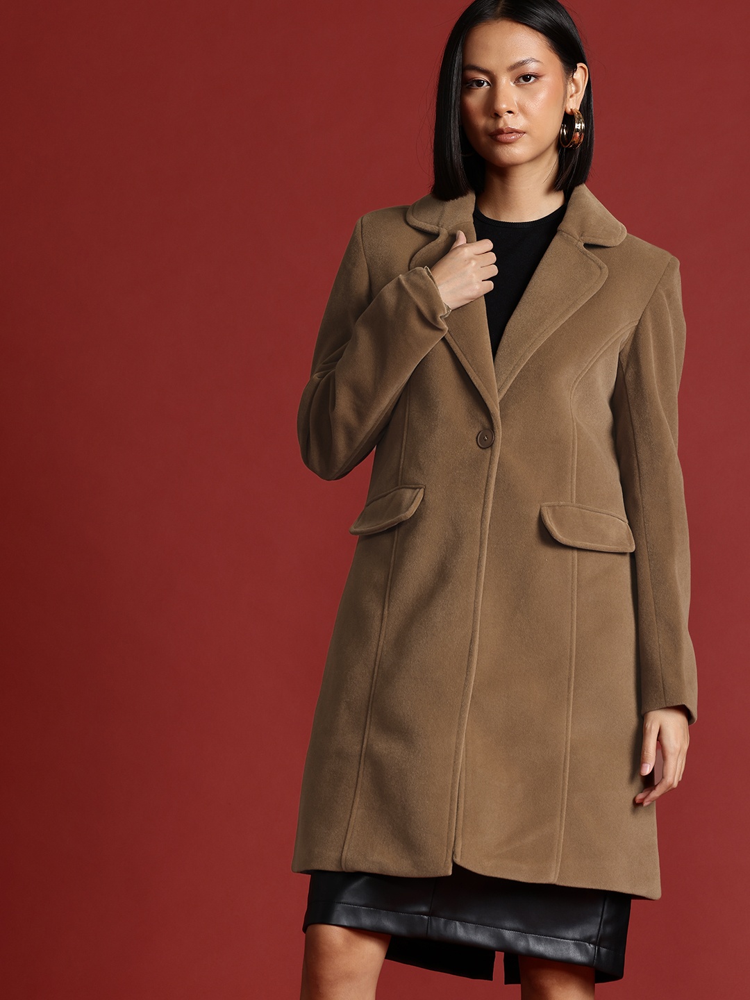 

all about you Single-Breasted Regular Fit Longline Overcoat, Brown