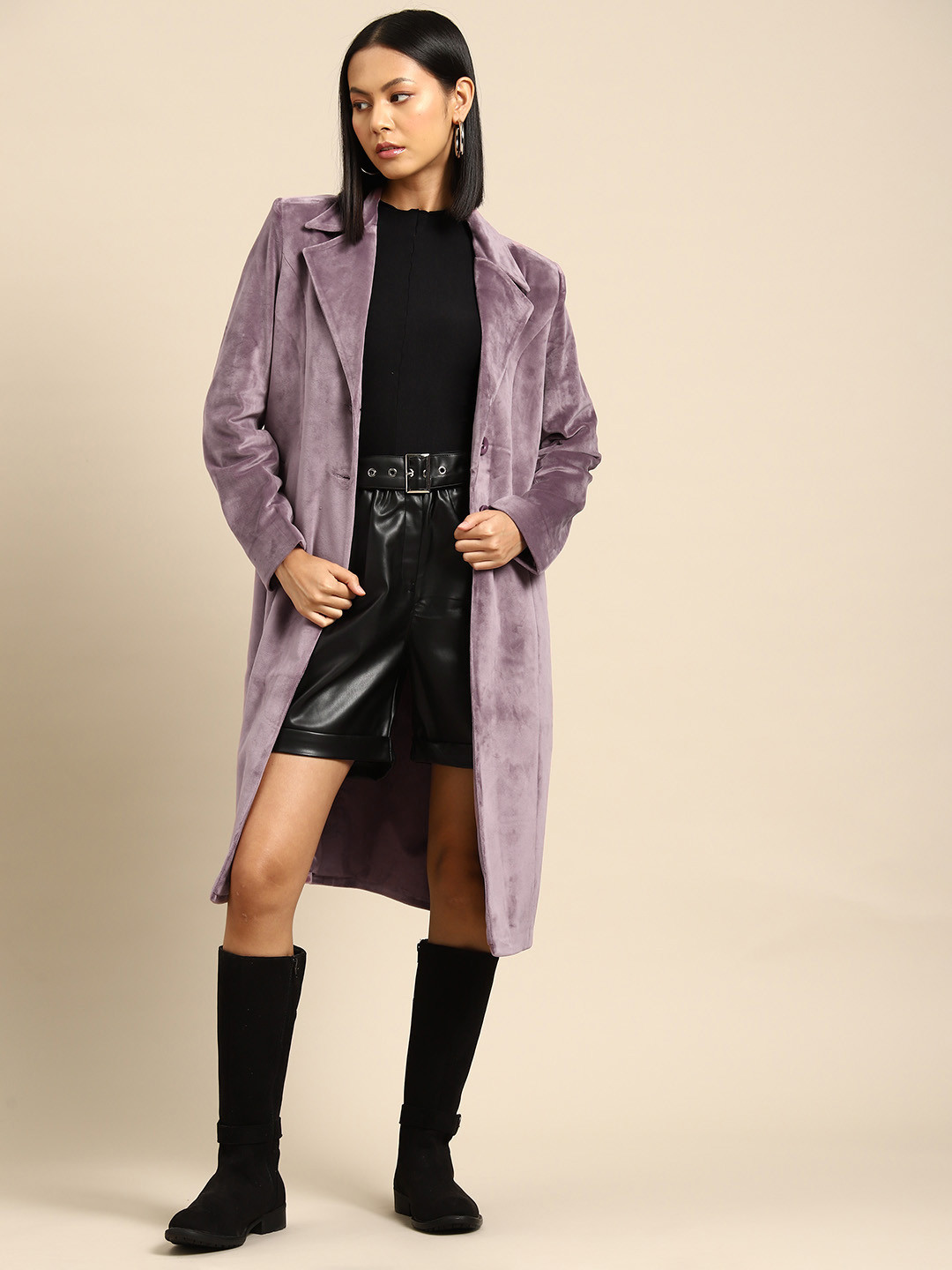 

all about you Velour Longline Overcoat, Mauve