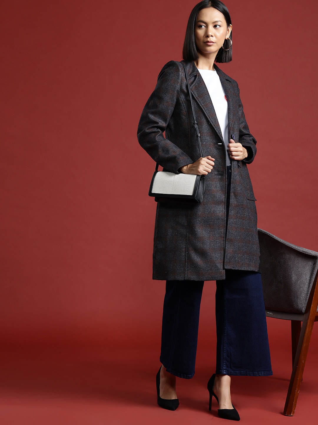 

all about you Checked Single-Breasted Longline Overcoat, Charcoal