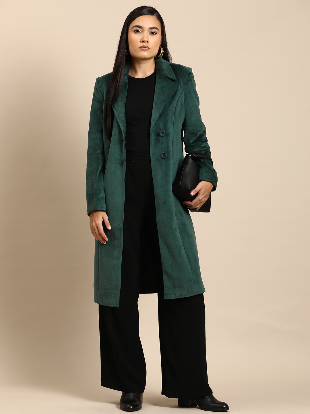 

all about you Velvet Finish Longline Overcoat, Green