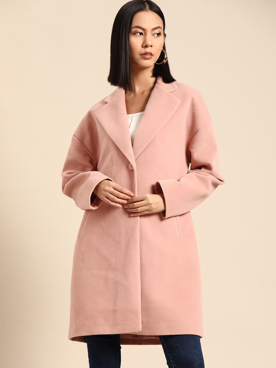 

all about you Notched Lapel Collar Longline Overcoat, Pink