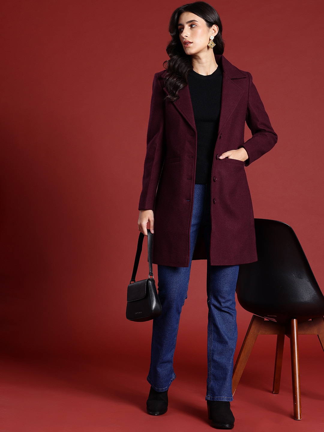 

all about you Regular Fit Longline Overcoat, Burgundy