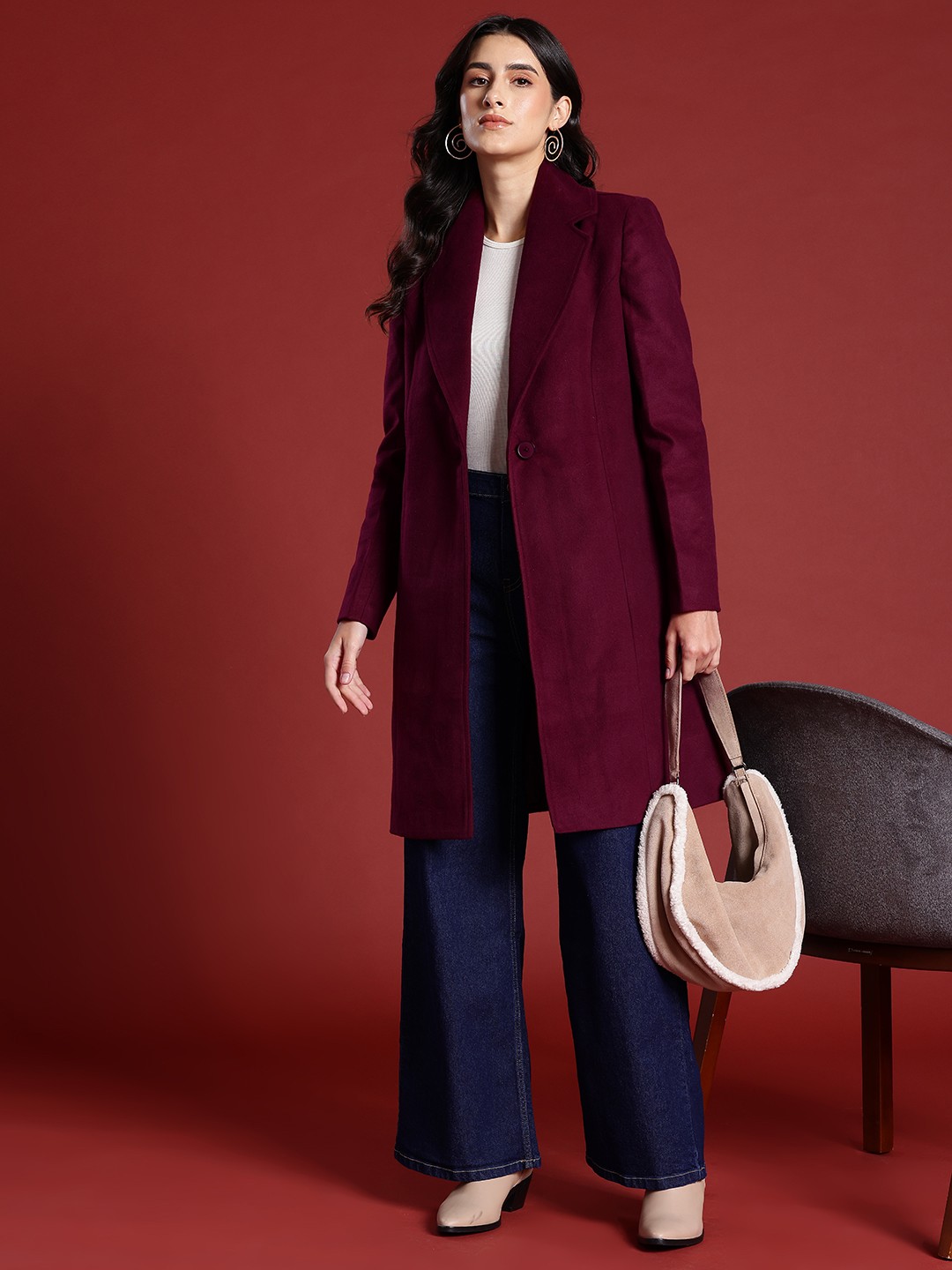 

all about you Solid Notched Lapel Longline Overcoat, Burgundy