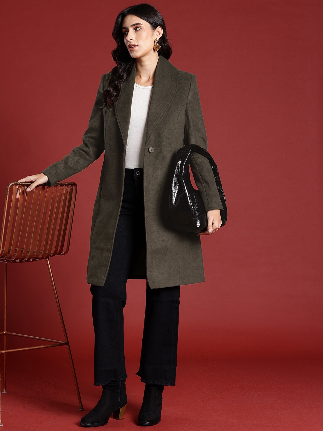 

all about you Suede Finish Knee Length Overcoat, Olive