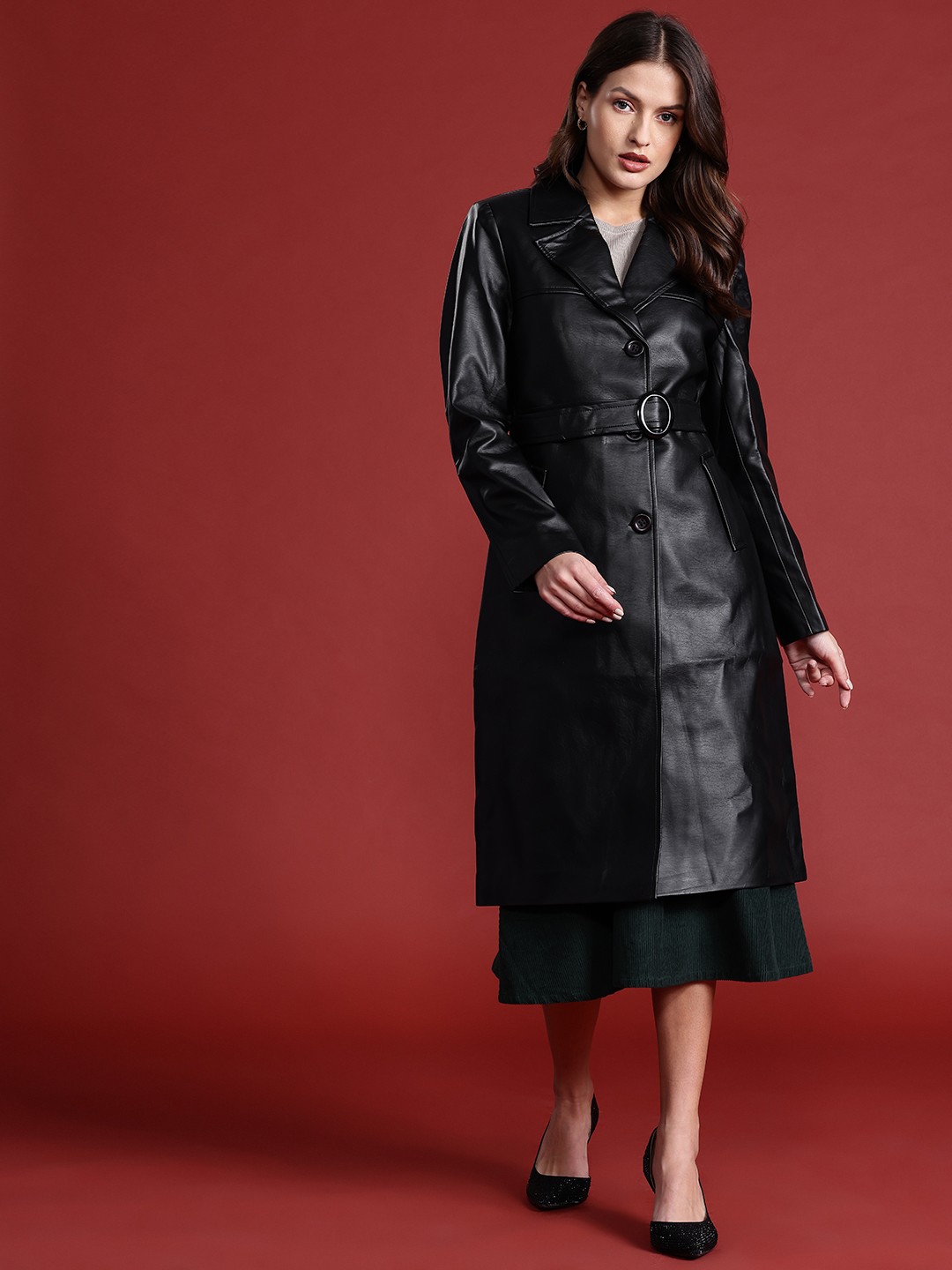 

all about you Lapel Collar Knee Length Frosty Winters Earthy Checks Overcoat, Black