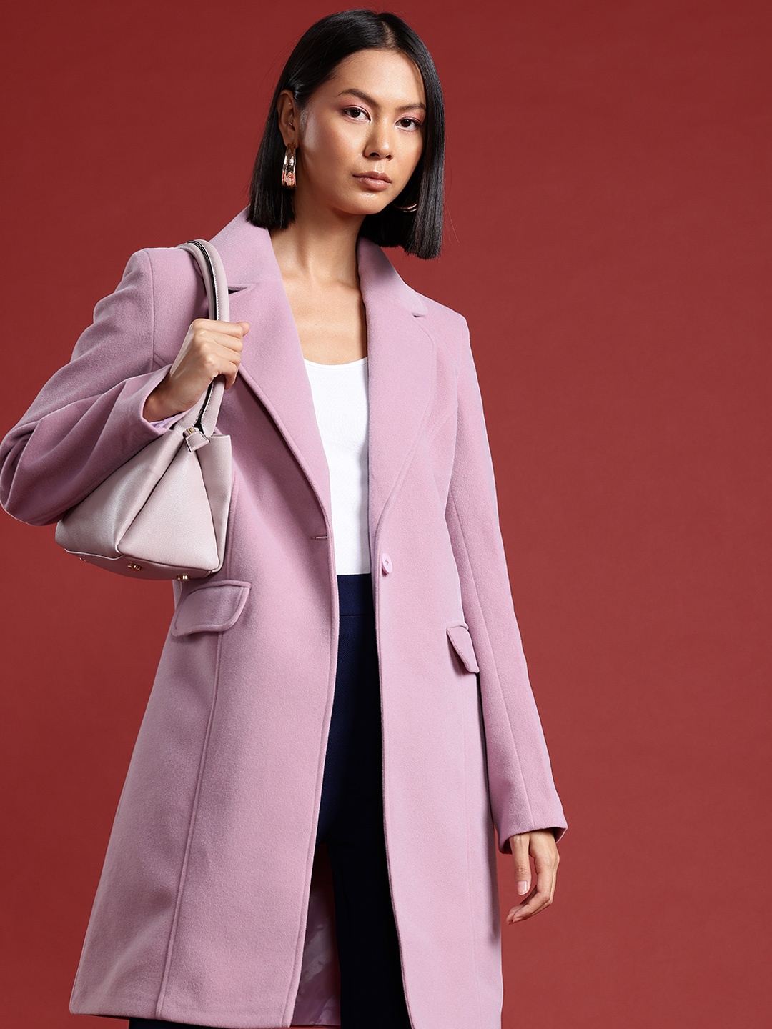 

all about you Notched Lapel Collar Regular Fit Smart Casual Overcoat, Pink