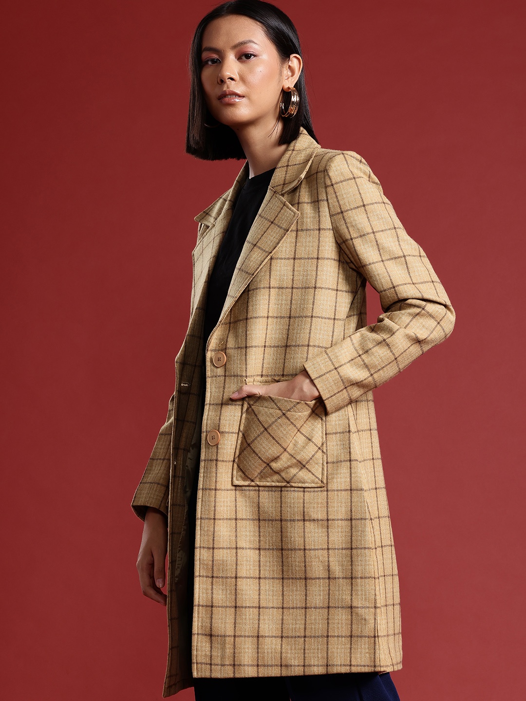 

all about you Checked Longline Overcoat, Beige