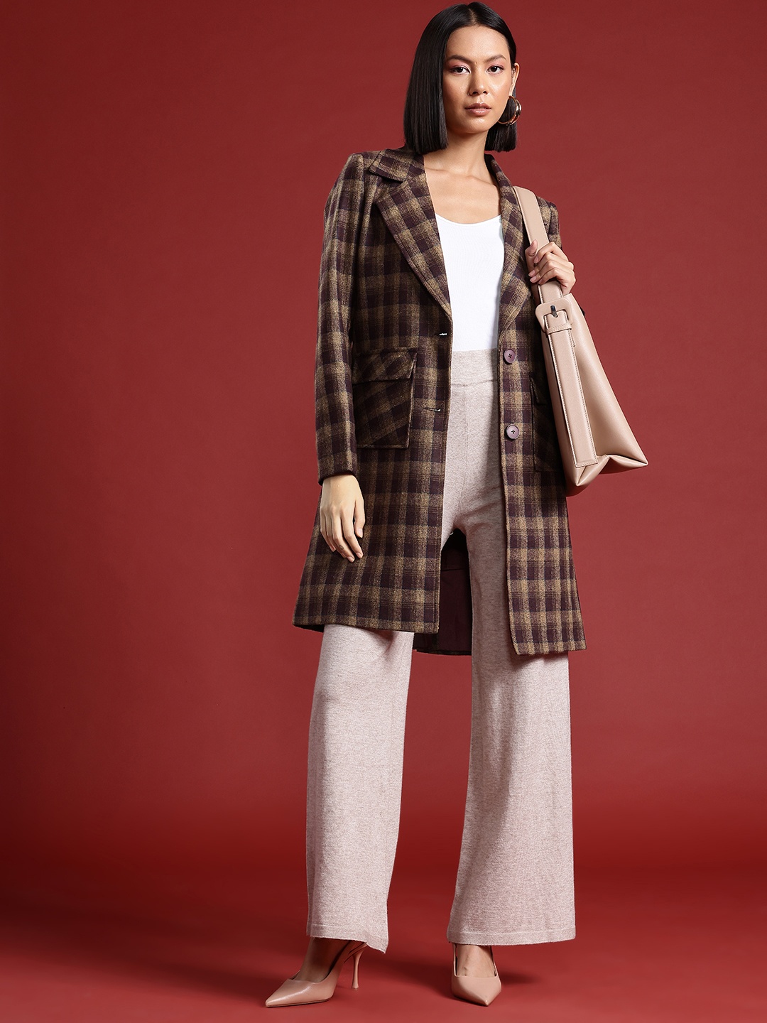 

all about you Checked Longline Overcoat, Brown