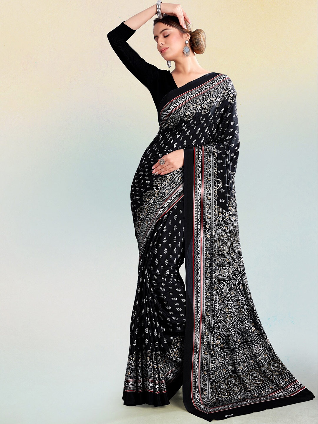 

Kasak Ethnic Printed Pure Crepe Saree, Black