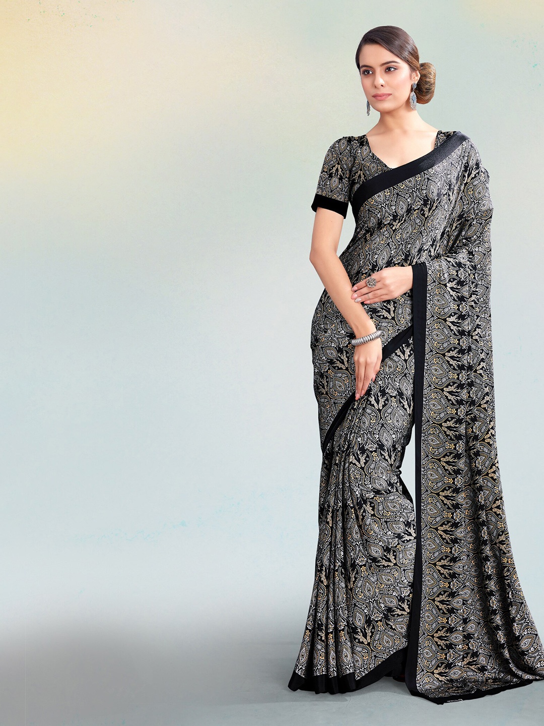 

Kasak Ethnic Printed Pure Crepe Saree, Black