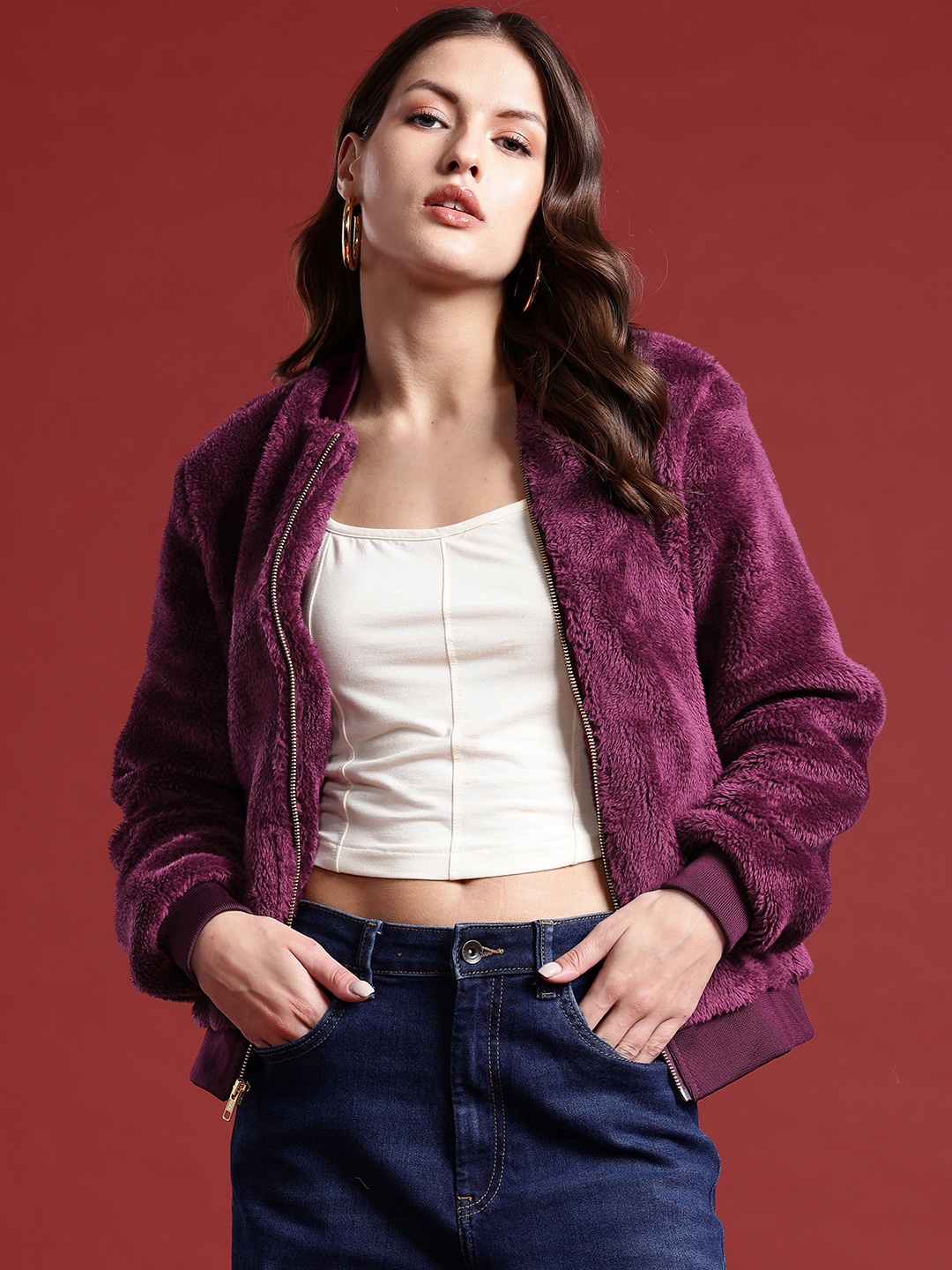 

all about you Faux Fur Trim Tailored Jacket, Burgundy