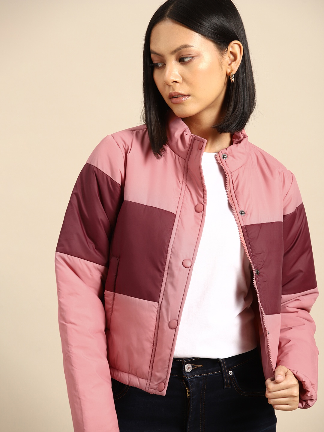 

all about you Women Colourblocked Padded Jacket, Mauve