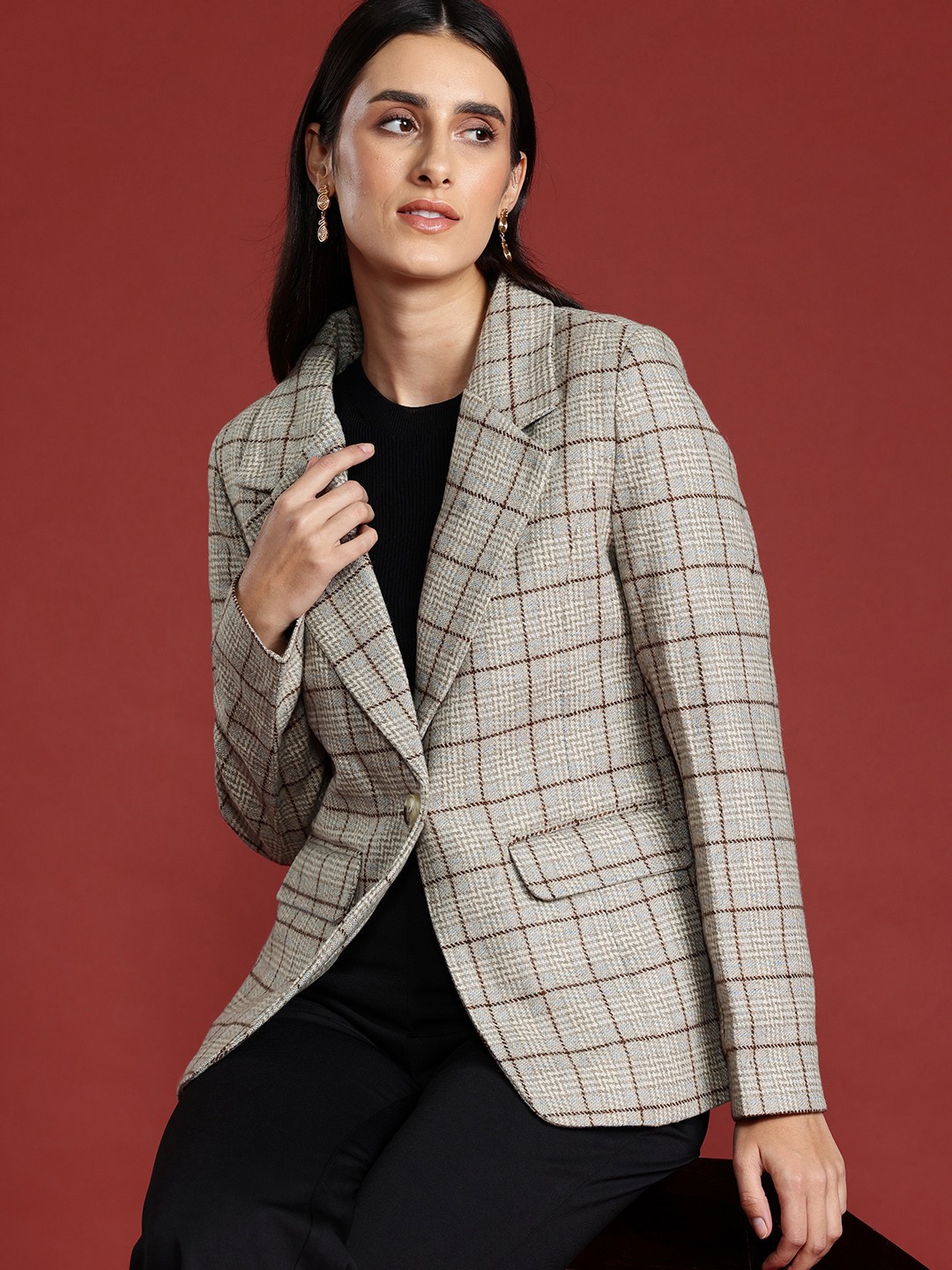 

All About You Formals Single-Breasted Checked Casual Blazer, Brown