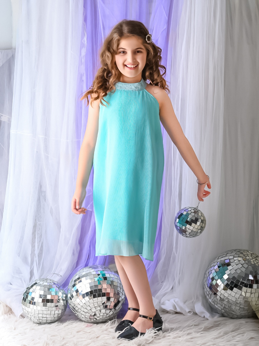 

LilPicks Girls Embellished Accordion Pleats A-Line Dress, Turquoise blue