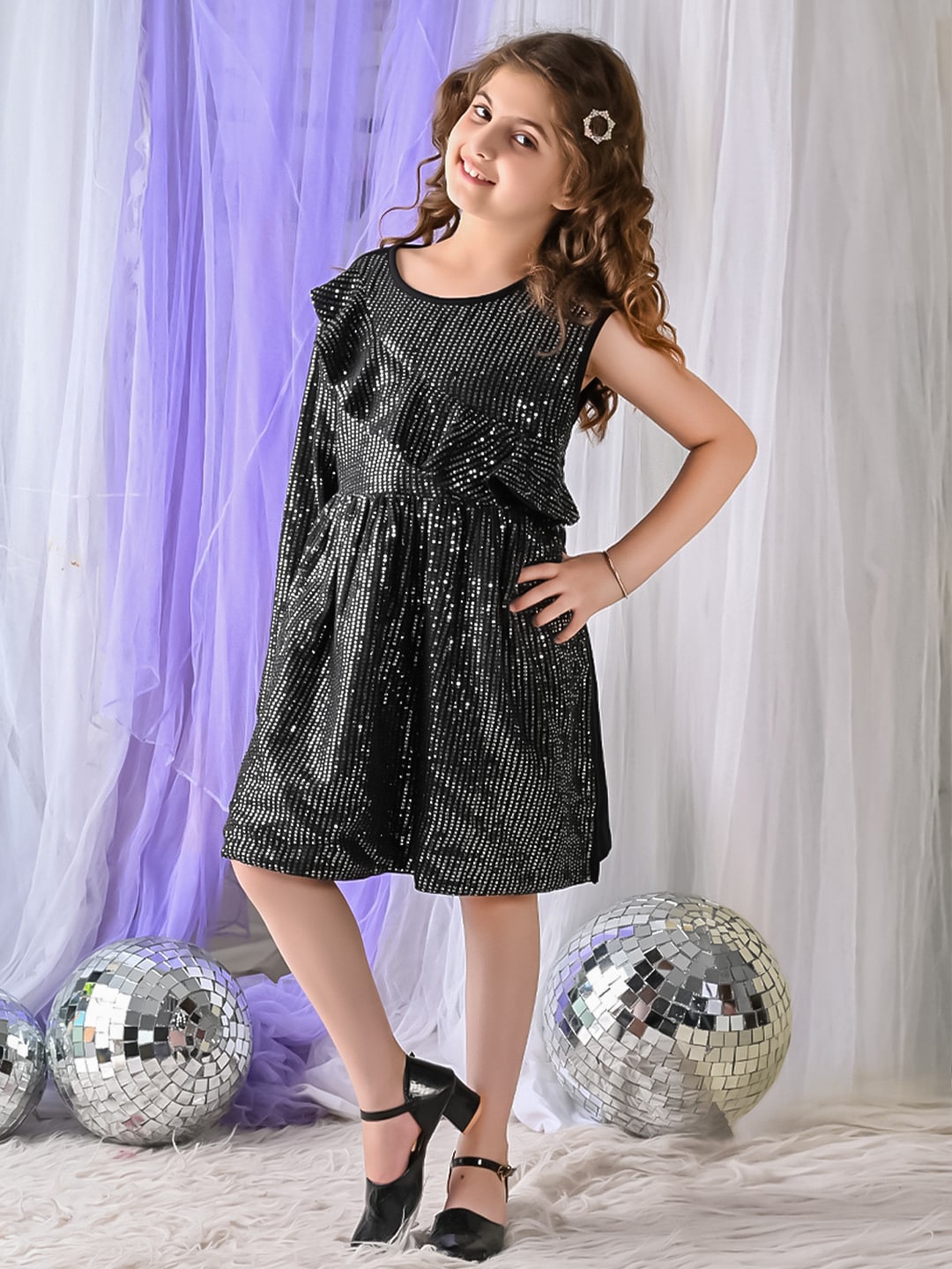 

LilPicks Girls Embellished Sequined A-Line Dress, Black