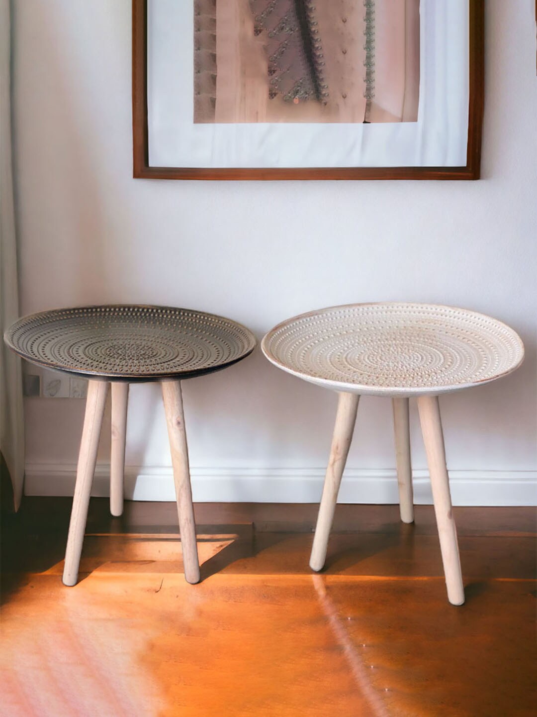 

Art Street 2 Pcs Textured Wooden Round Side Tables, White