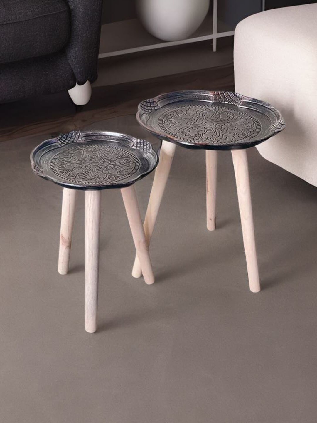 

Art Street 2Pcs Textured Wooden Round Side Tables, Grey