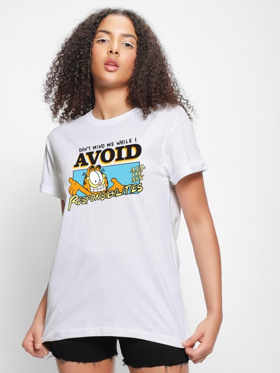 

Bewakoof x Official Garfield Merchandise Avoiding Responsibilities Print Boyfriend T-shirt, White