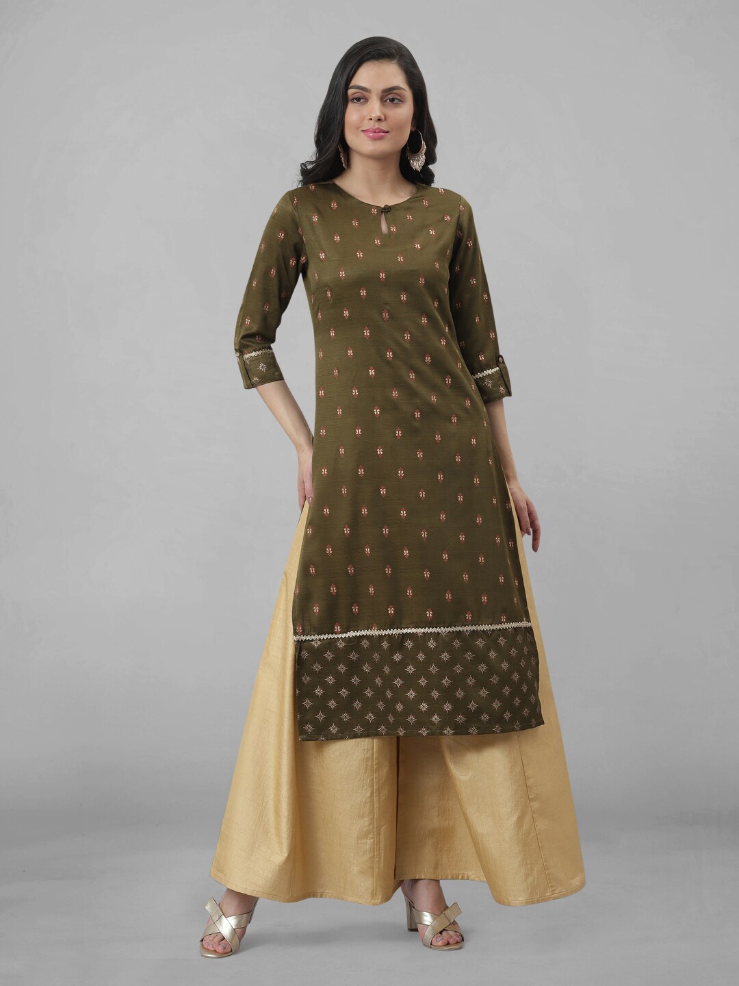 

FASHION DREAM Ethnic Motifs Printed Keyhole Neck Kurta, Olive