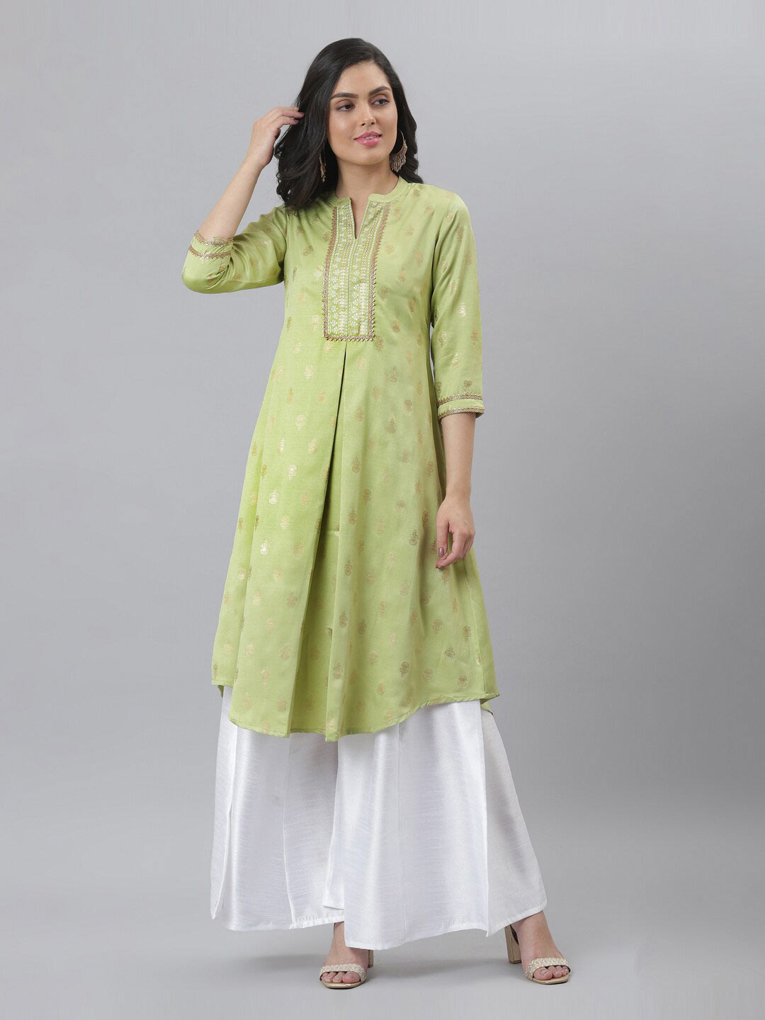 

FASHION DREAM Ethnic Motifs Printed Mandarin Collar Gotta Patti A-Line Kurta, Sea green