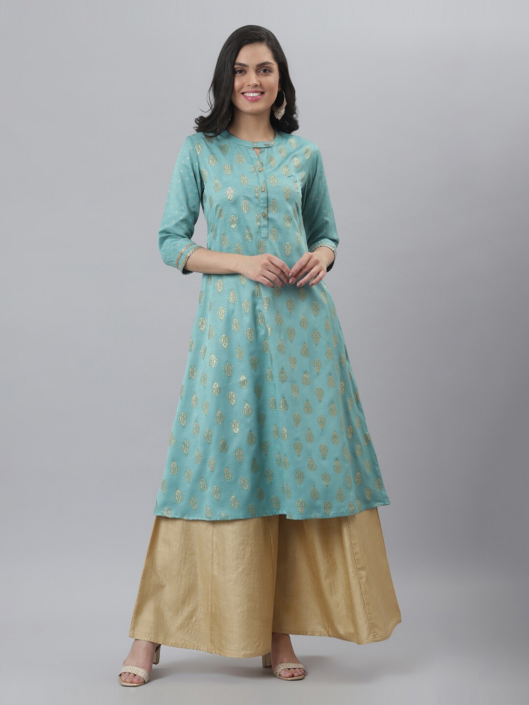 

FASHION DREAM Ethnic Motifs Printed Band Collar A-Line Kurta, Sea green
