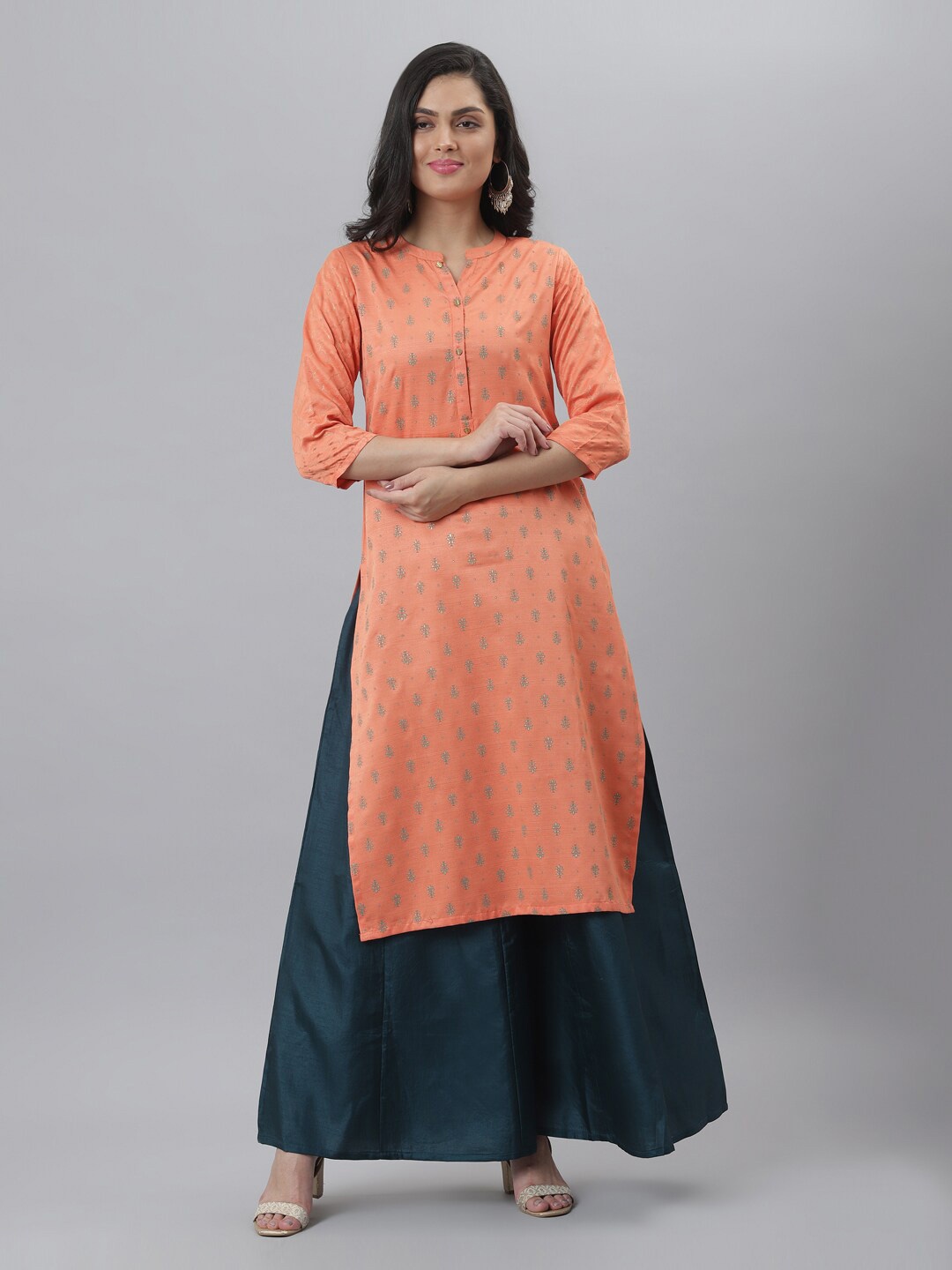 

FASHION DREAM Ethnic Motifs Printed Mandarin Collar Kurta, Peach