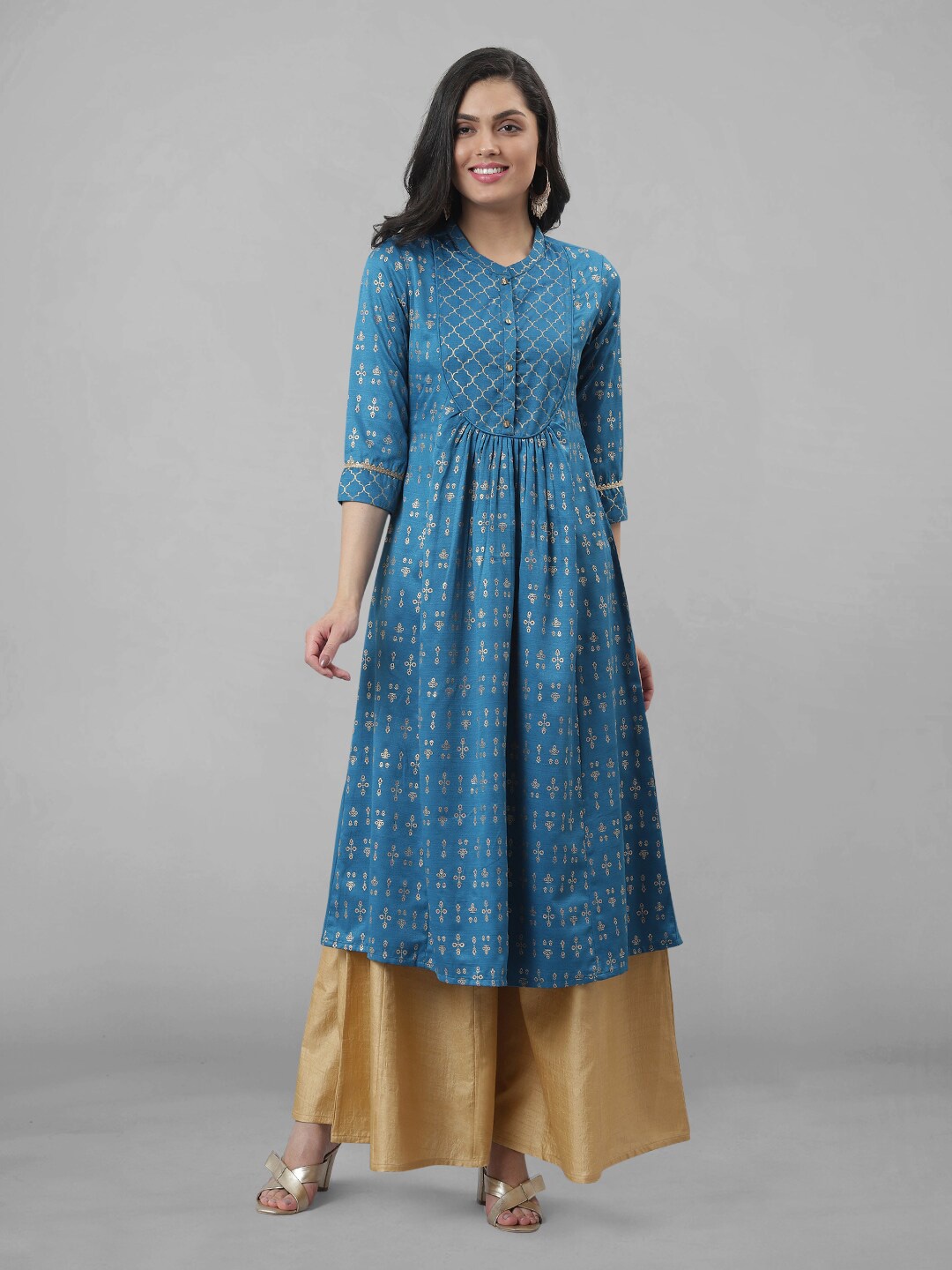 

FASHION DREAM Band Collar Ethnic Motifs Printed Anarkali Kurta, Blue