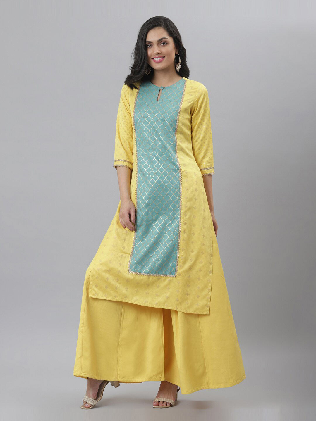 

FASHION DREAM Ethnic Motifs Printed Keyhole Neck Kurta, Yellow