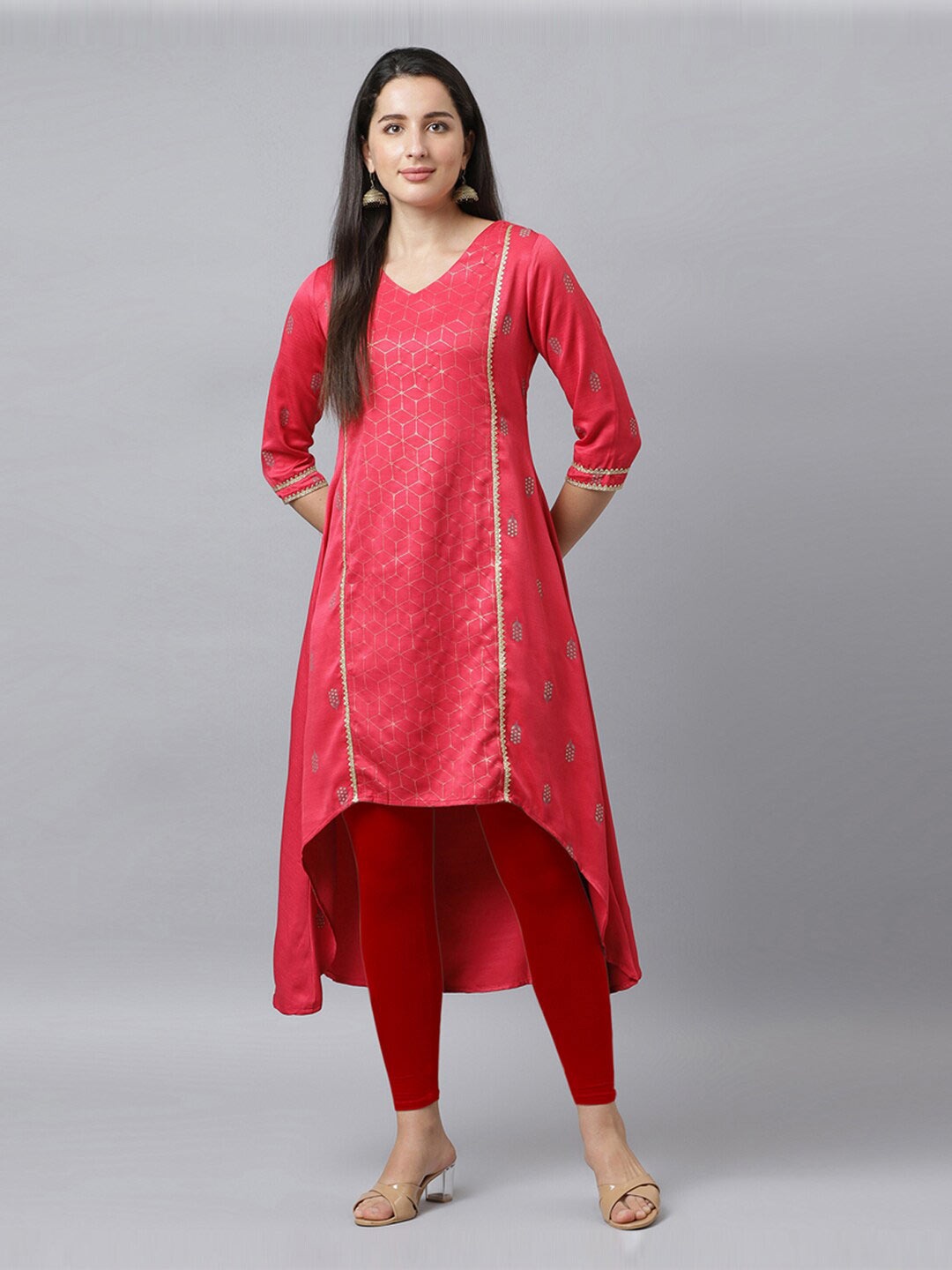 

FASHION DREAM Geometric Printed Gotta Patti A-Line Kurta, Pink