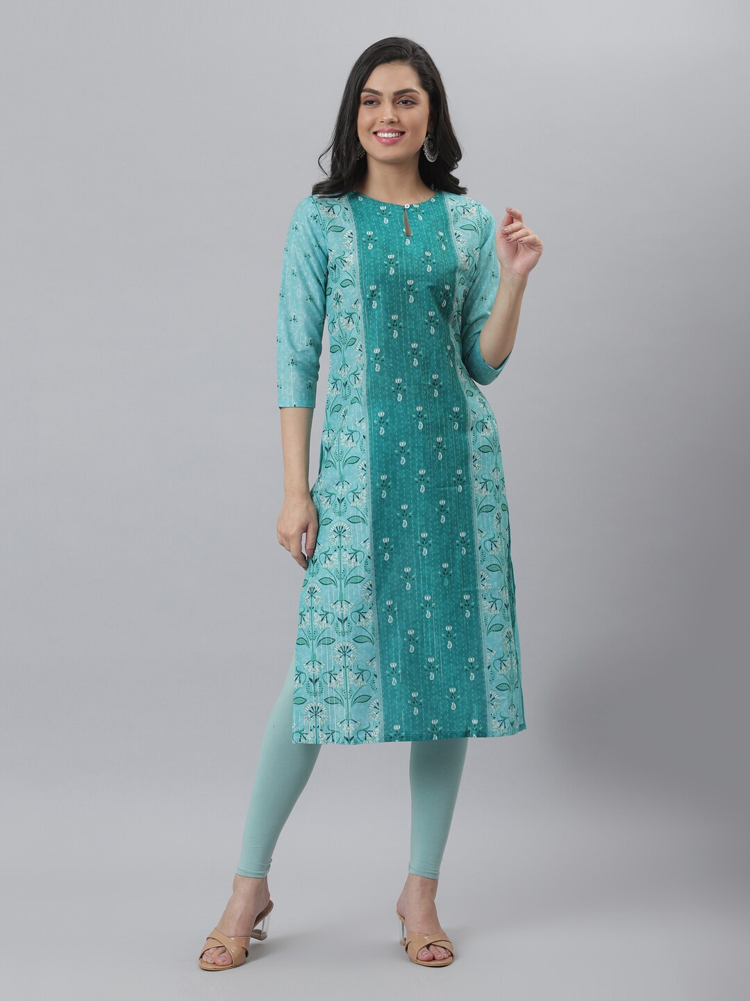 

FASHION DREAM Floral Printed Keyhole Neck Kurta, Teal