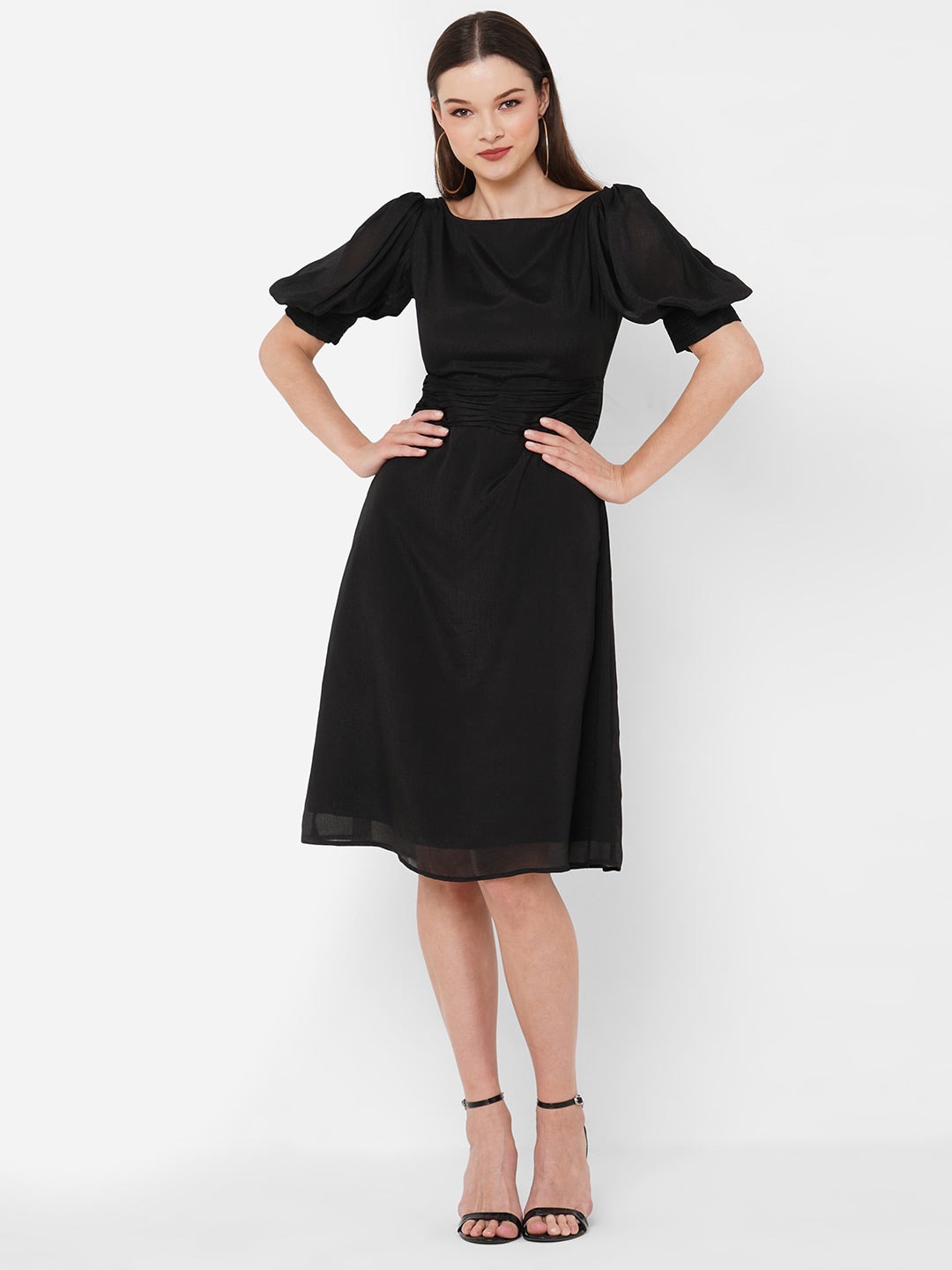 

MISH Black Puff Sleeves Ruched A-Line Dress