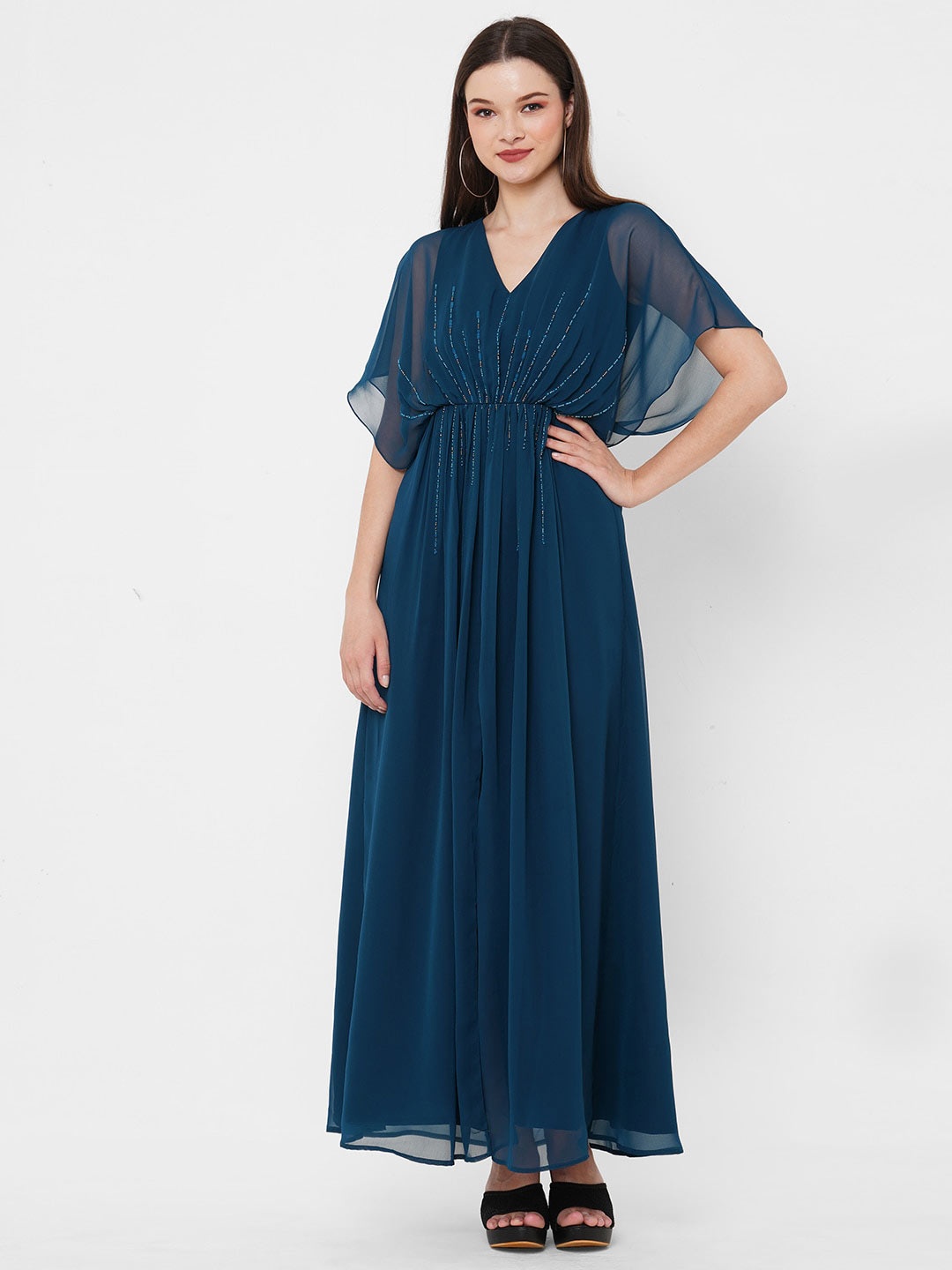 

MISH Teal Blue Embellished Flared Sleeves Fit & Flare Maxi Dress