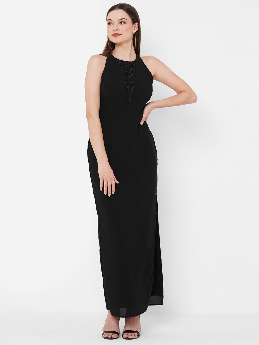 

MISH Black Embellished A-Line Maxi Dress