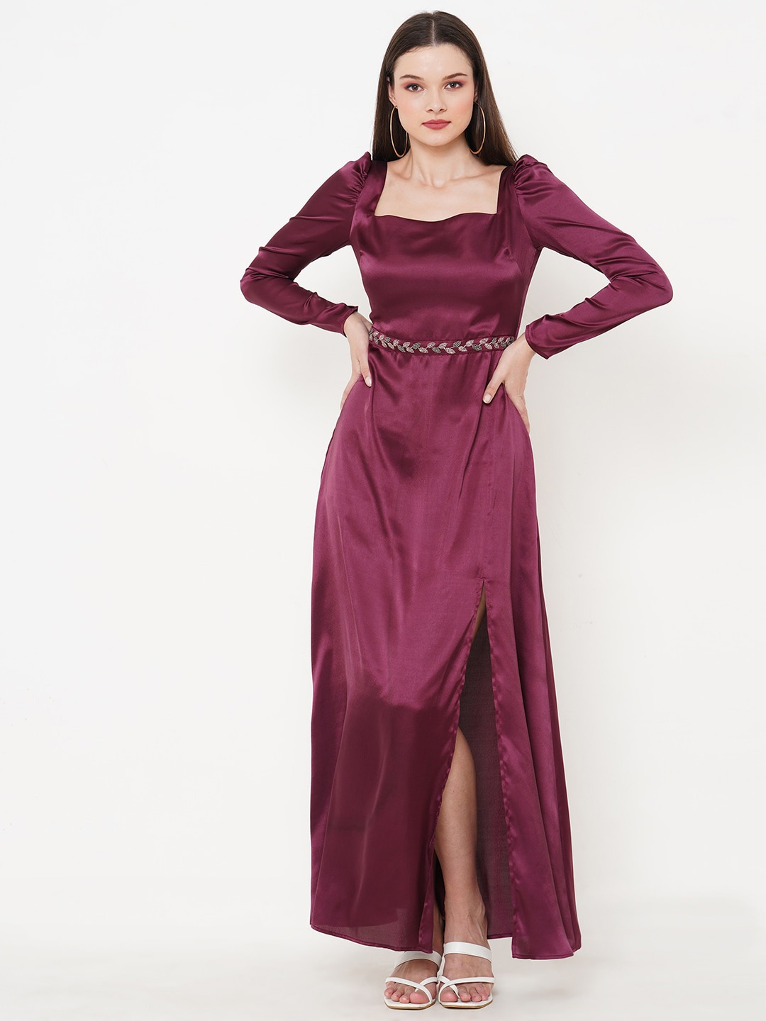 

MISH Maroon Embellished Sweetheart Neck Satin A-Line Maxi Dress