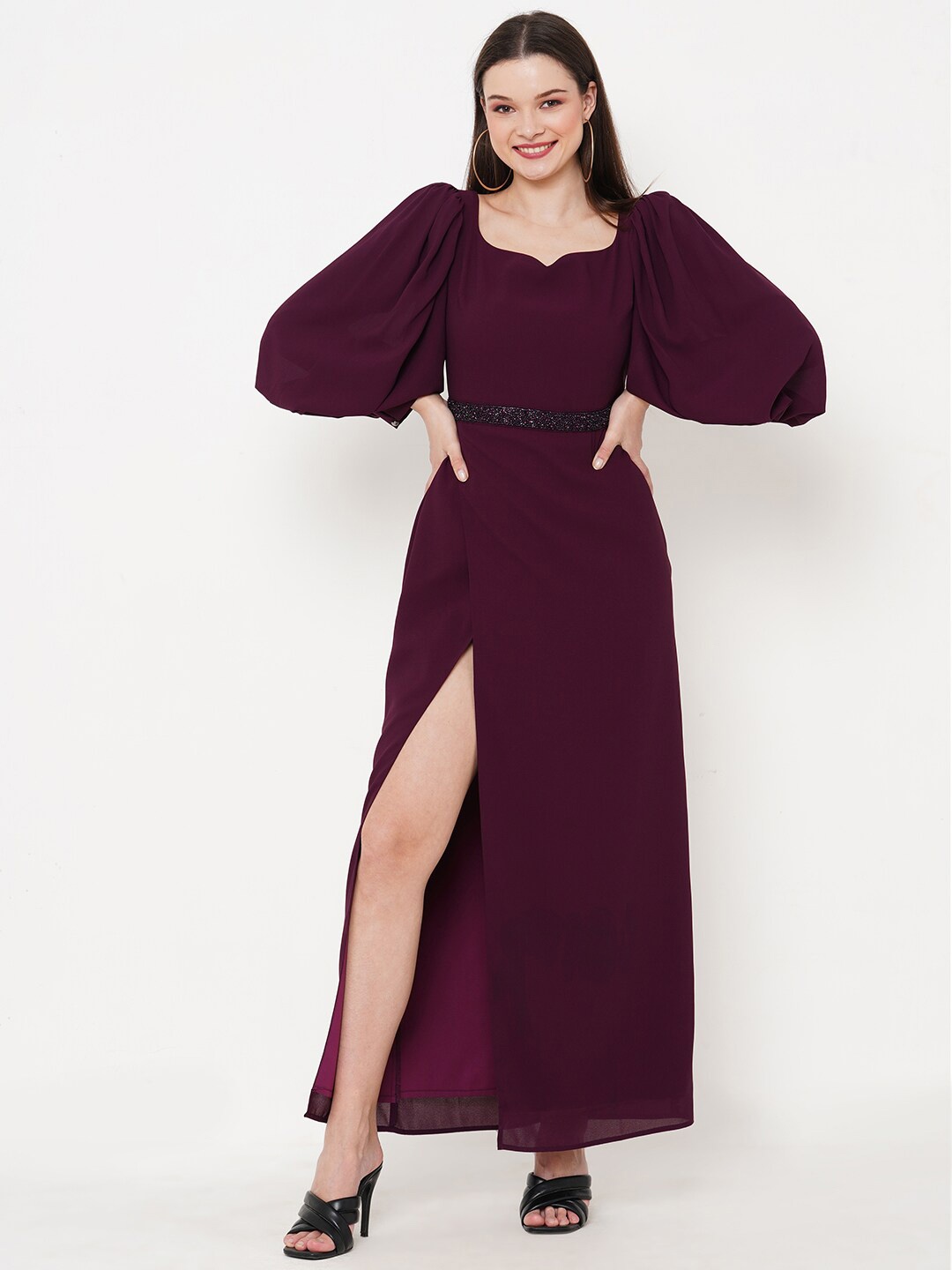 

MISH Maroon Embellished Bishop Sleeves A-Line Maxi Dress