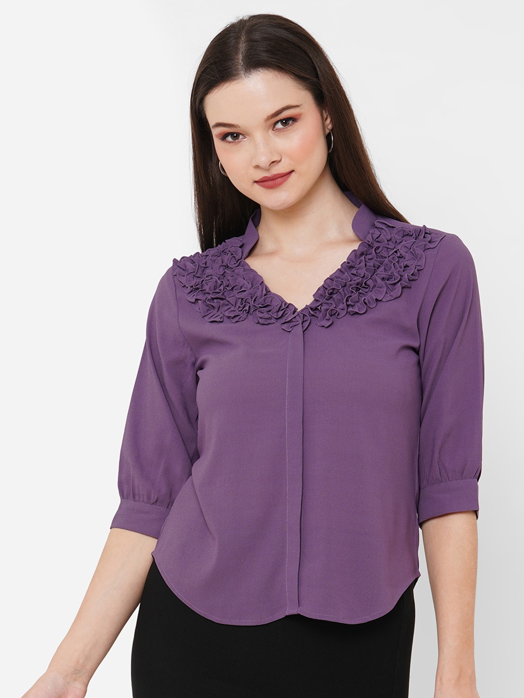 

MISH Purple Mandarin Collar Ruffled Top