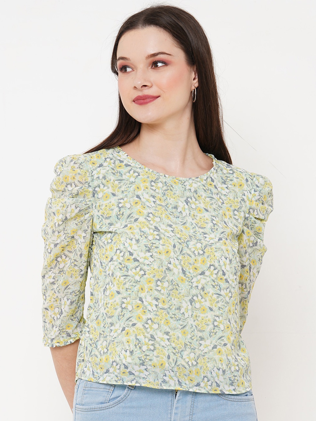 

MISH Green & Yellow Puff Sleeves Pleated Floral Printed Top