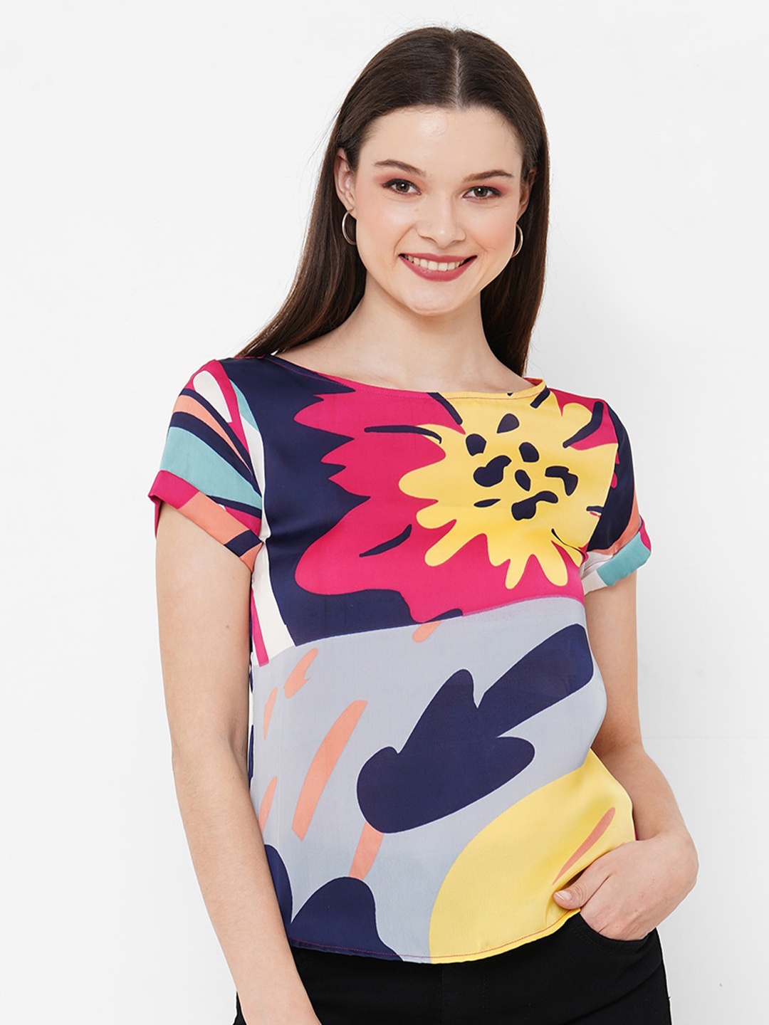 

MISH Yellow & Pink Abstract Printed Boat Neck Crepe Top