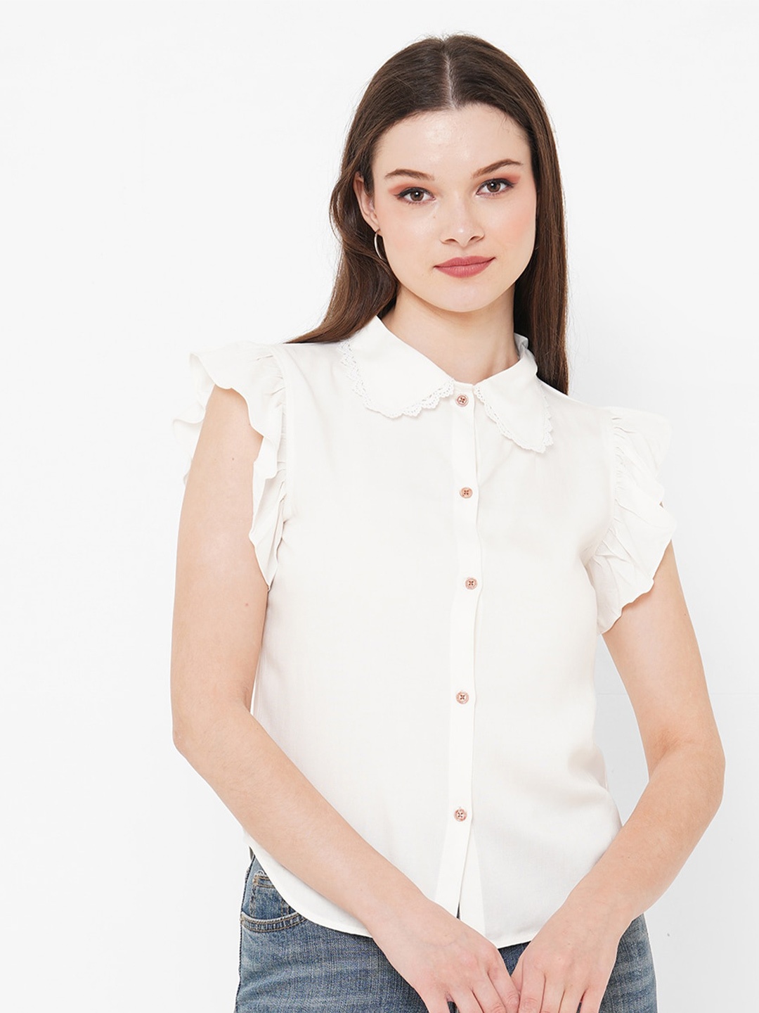 

MISH Off-White Flutter Sleeves Lace Insert Shirt Style Top