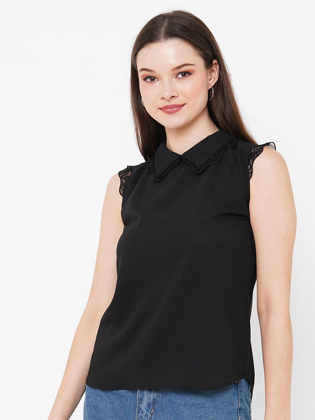 

MISH Black Lace Insert Sleeveless Shirt Collar Top