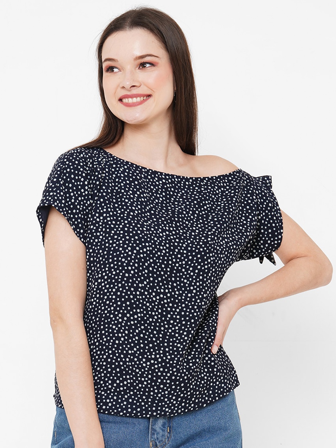 

MISH Navy Blue & White Geometric Print Extended Sleeves Top
