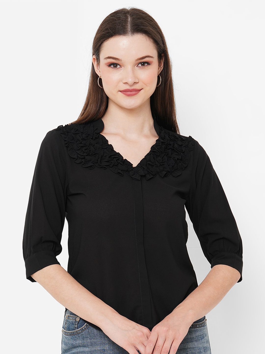 

MISH Black Mandarin Collar Ruffles Georgette Top