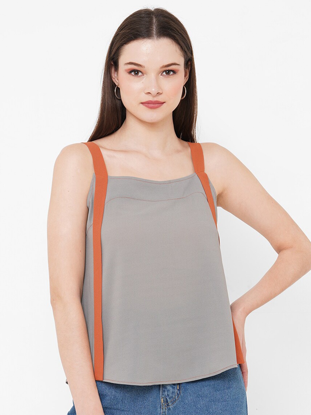 

MISH Grey & Orange Sleeveless Georgette Top