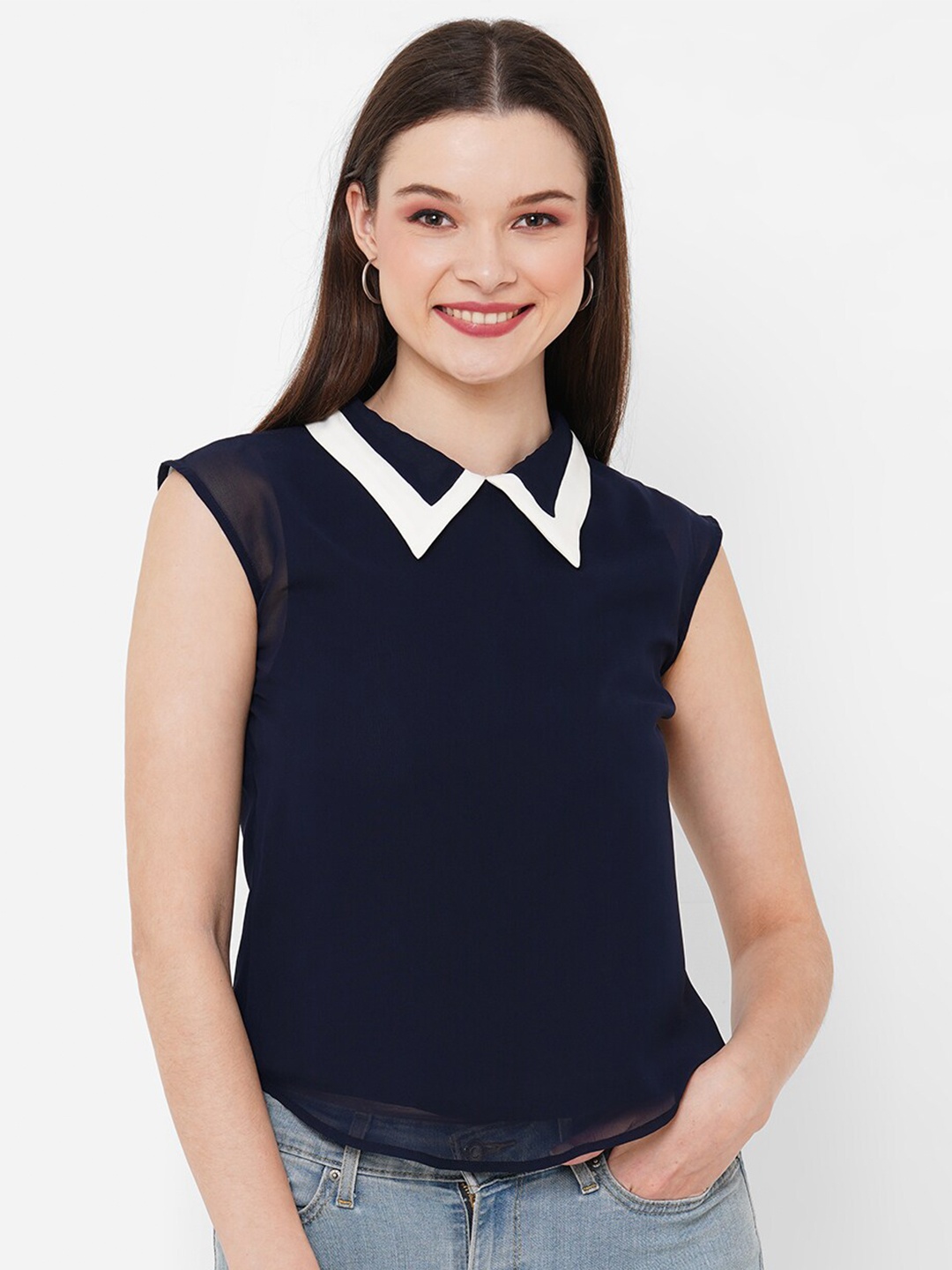 

MISH Navy Blue Shirt Collar Sleeveless Top