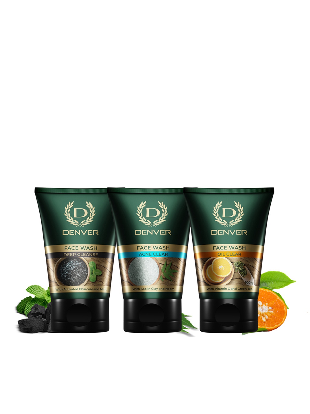 

Denver Set Of 3 Face Wash - Deep Cleanse + Acne Clear + Oil Clear - 100g Each, Green