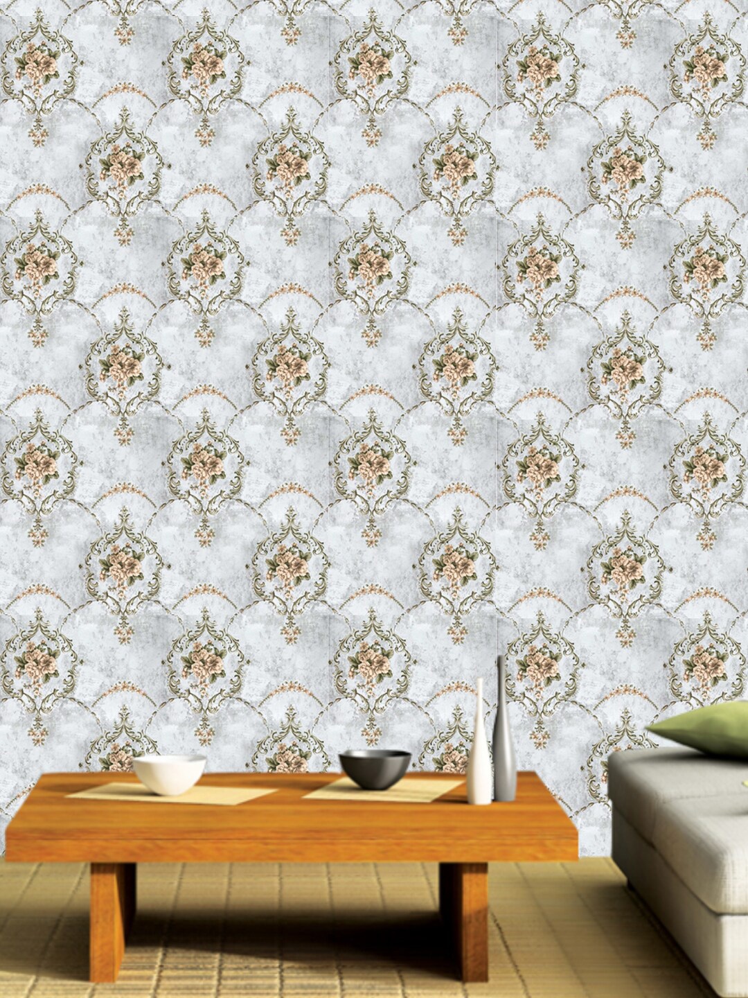 

Jaamso Royals Grey & Green Ethnic Motifs Self Adhesive Removable Wallpaper