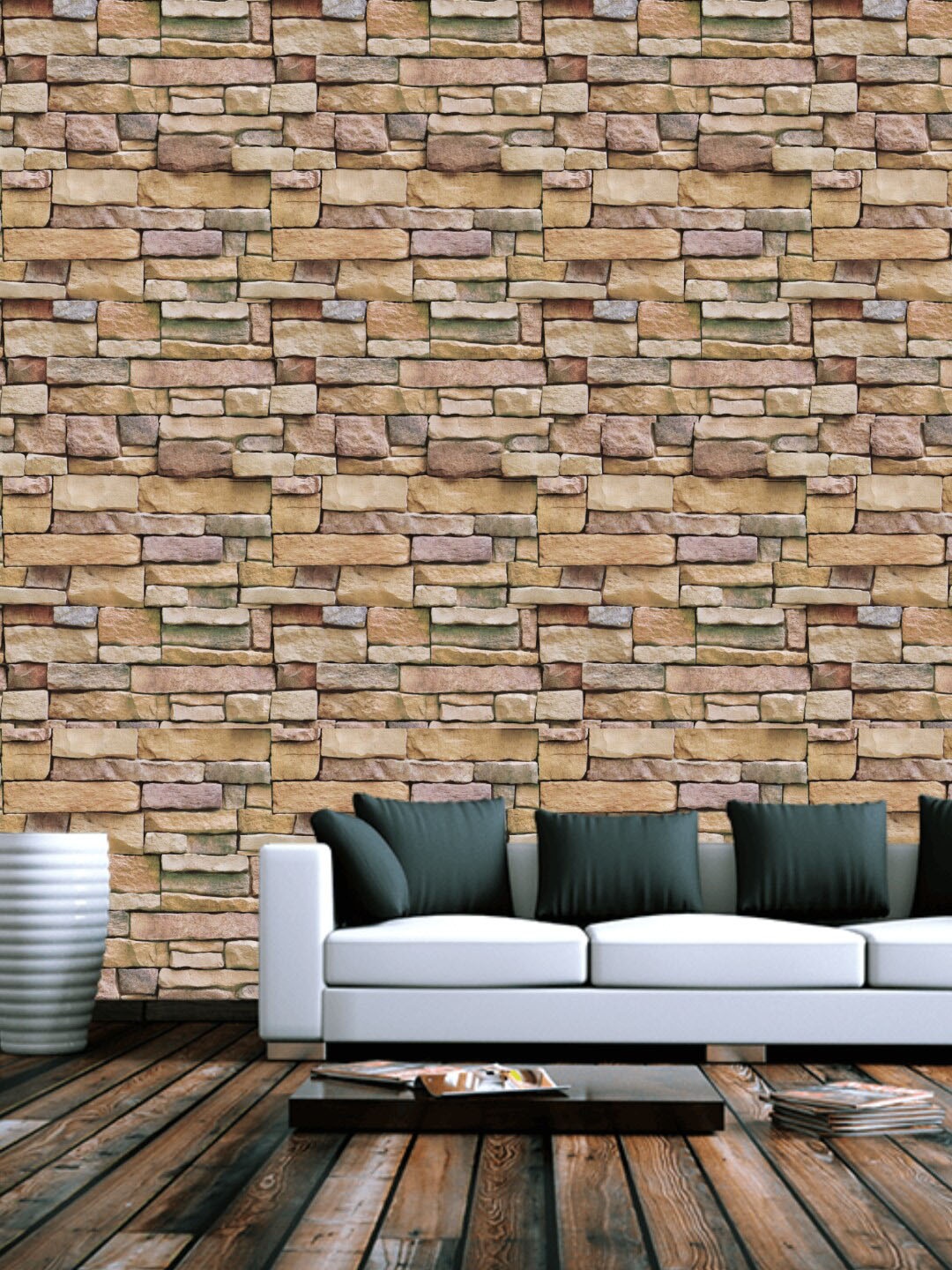 

Jaamso Royals Brown Brick Stone Self Adhesive Removable Wallpaper, Multi