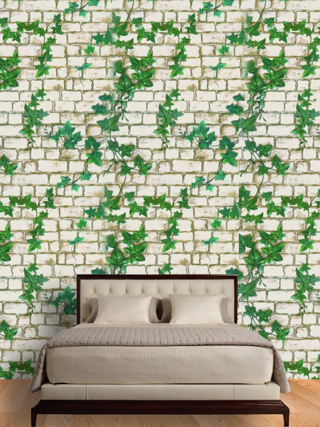 

Jaamso Royals White & Green Brick With Leaves Self Adhesive Removable Wallpaper