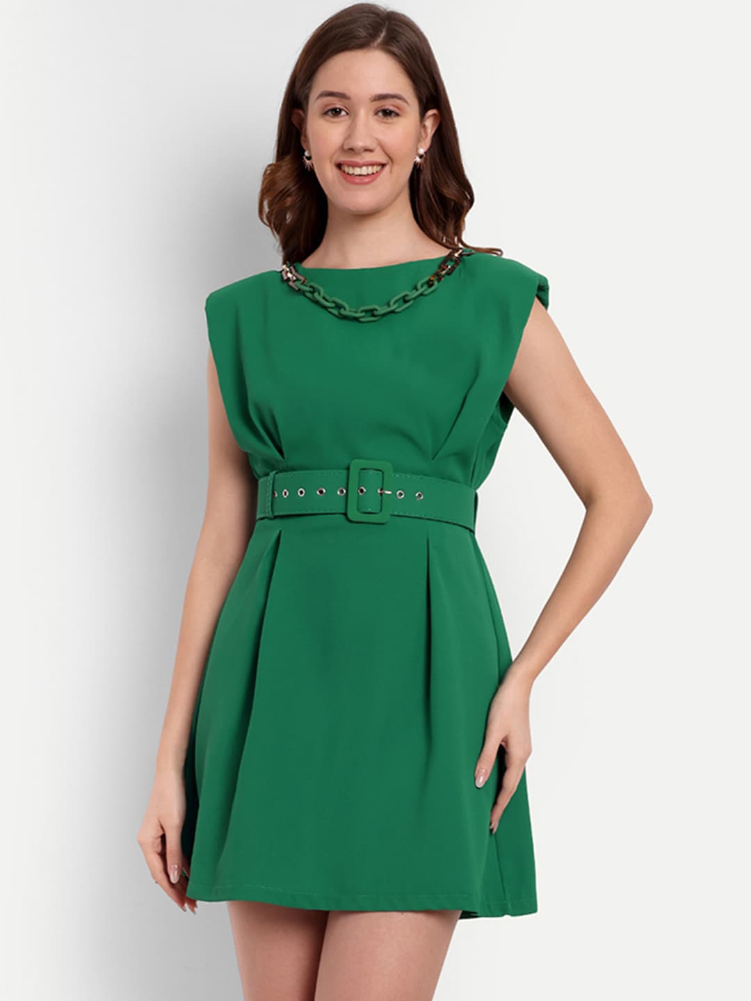 

iki chic Green Embellished Chain Detailing Fit & Flare Mini Dress With Belt